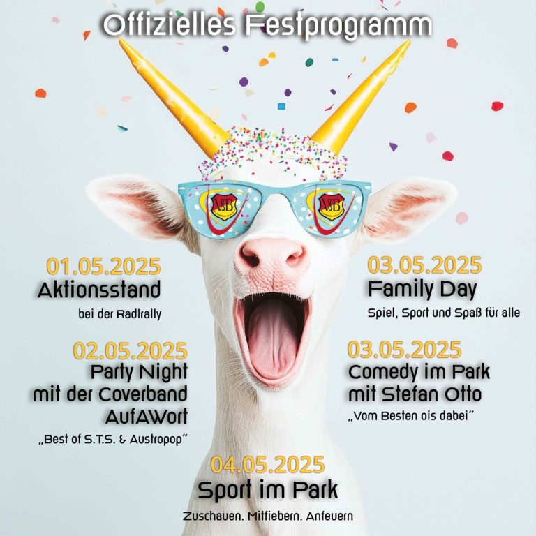 Bunte Ziege mit Sonnenbrille, umgeben von Konfetti und Termininformationen für Veranstaltungen.